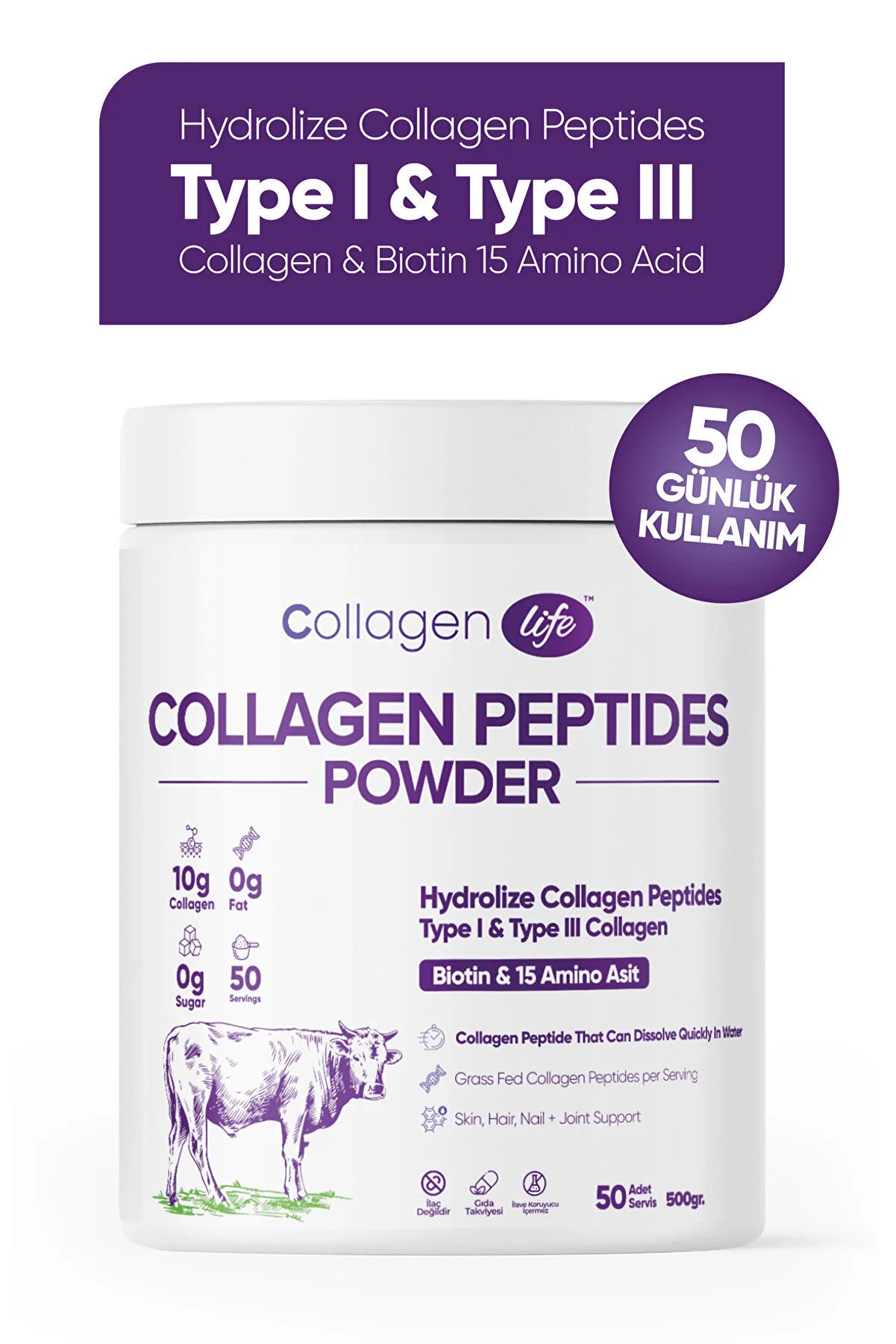 %100 Hidrolize Kolajen Peptitler Biotin Ve 15 Amino Asit İçeren Gıda Takviyesi 50 Günlük %100 Hidrolize Kolajen Peptitler Biotin Ve 15 Amino Asit İçeren Gıda Takviyesi 50 Günlük