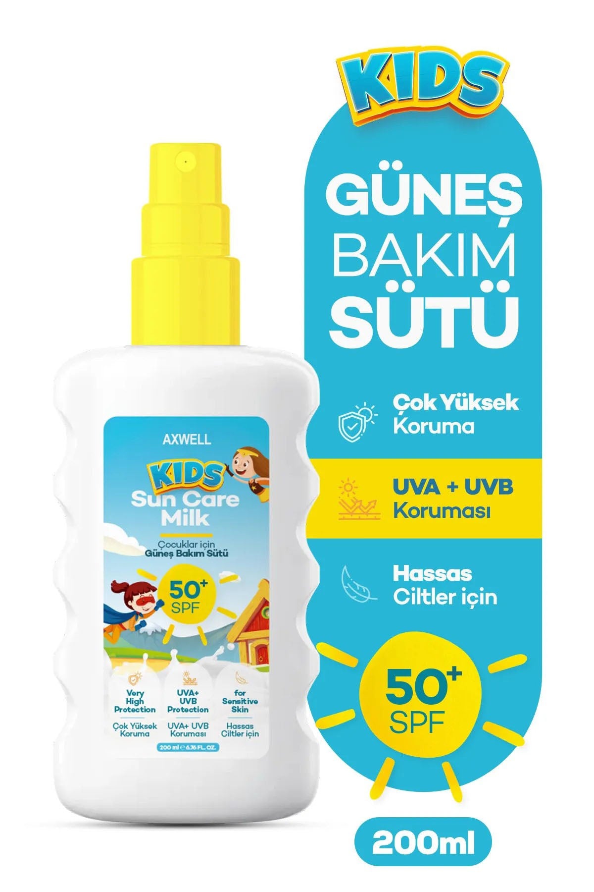 AXWELL Kids Spf50+ Çok Yüksek Koruyucu Çocuk İçin Yüz & Vücut Güneş Sütü Spreyi 200 mL