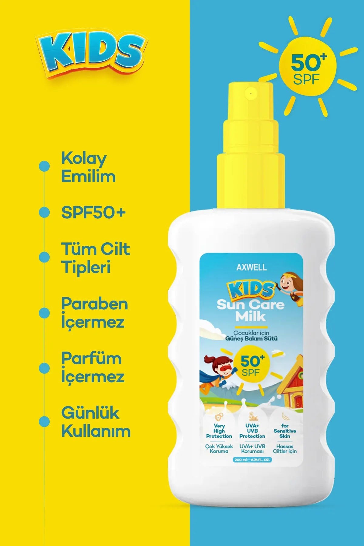 AXWELL Kids Spf50+ Çok Yüksek Koruyucu Çocuk İçin Yüz & Vücut Güneş Sütü Spreyi 200 mL AXWELL Kids Spf50+ Çok Yüksek Koruyucu Çocuk İçin Yüz & Vücut Güneş Sütü Spreyi 200 mL