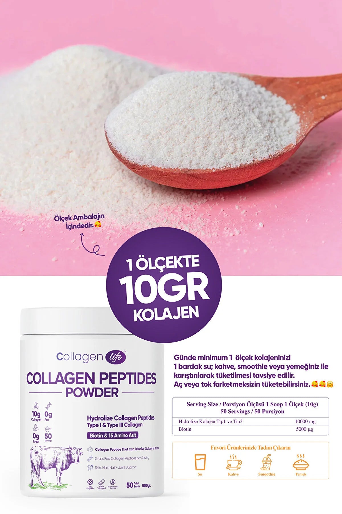 Collagen Life %100 Hidrolize Kolajen Peptitler Biotin Ve 15 Amino Asit İçeren Gıda Takviyesi 50 Günlük