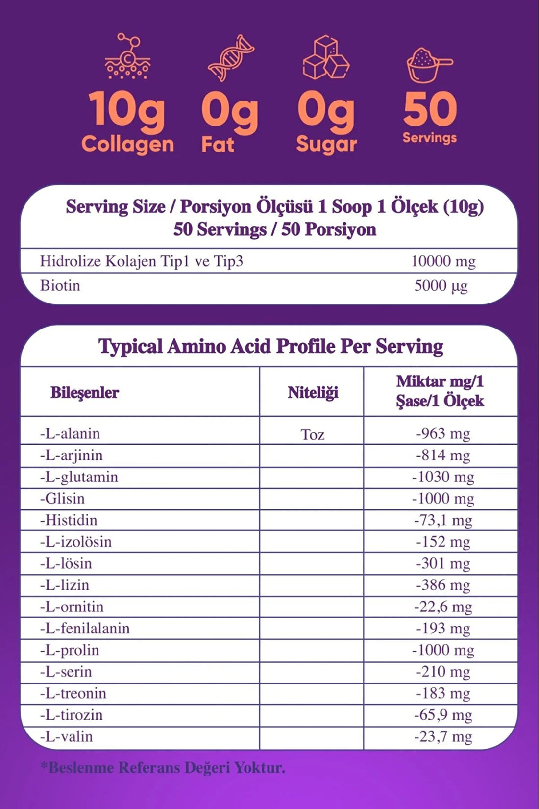 %100 Hidrolize Kolajen Peptitler Biotin Ve 15 Amino Asit İçeren Gıda Takviyesi 50 Günlük