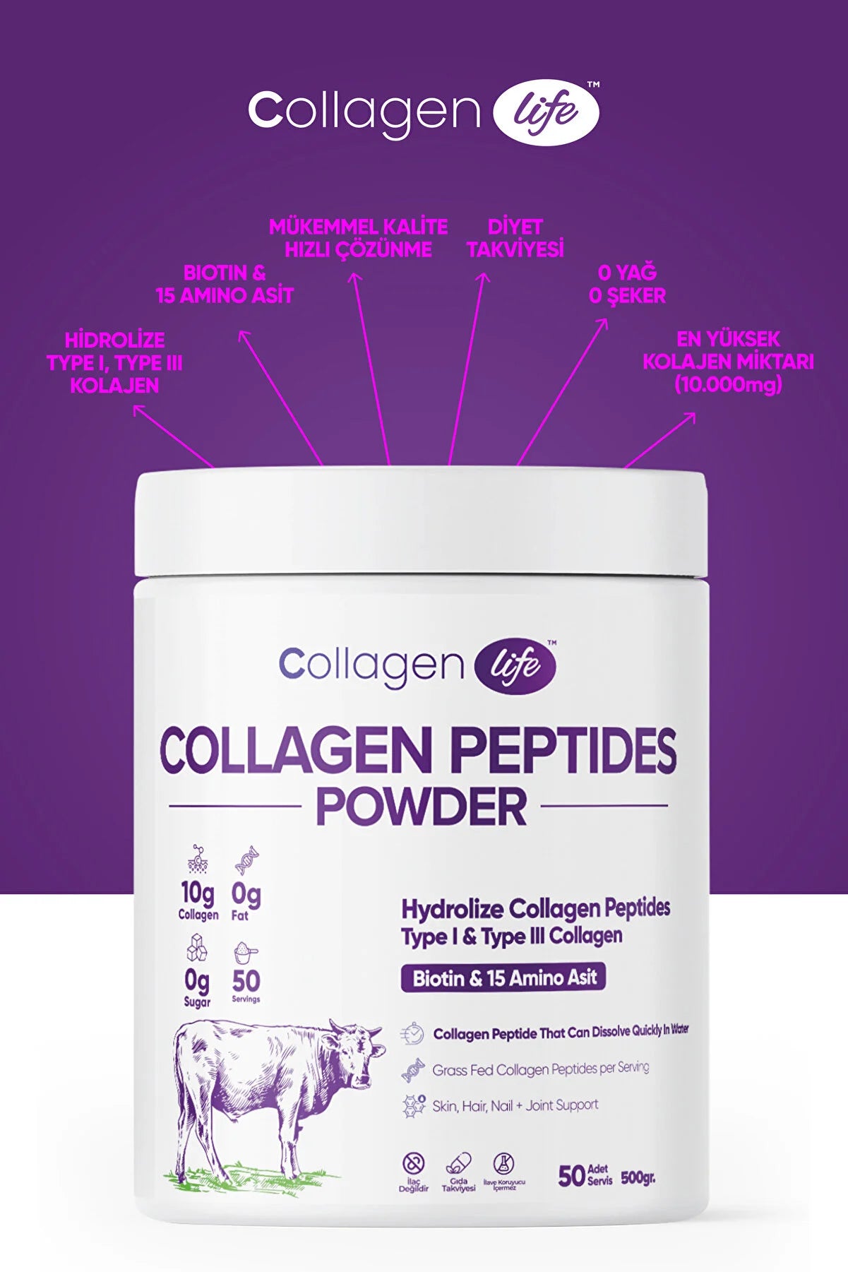 Collagen Life %100 Hidrolize Kolajen Peptitler Biotin Ve 15 Amino Asit İçeren Gıda Takviyesi 50 Günlük