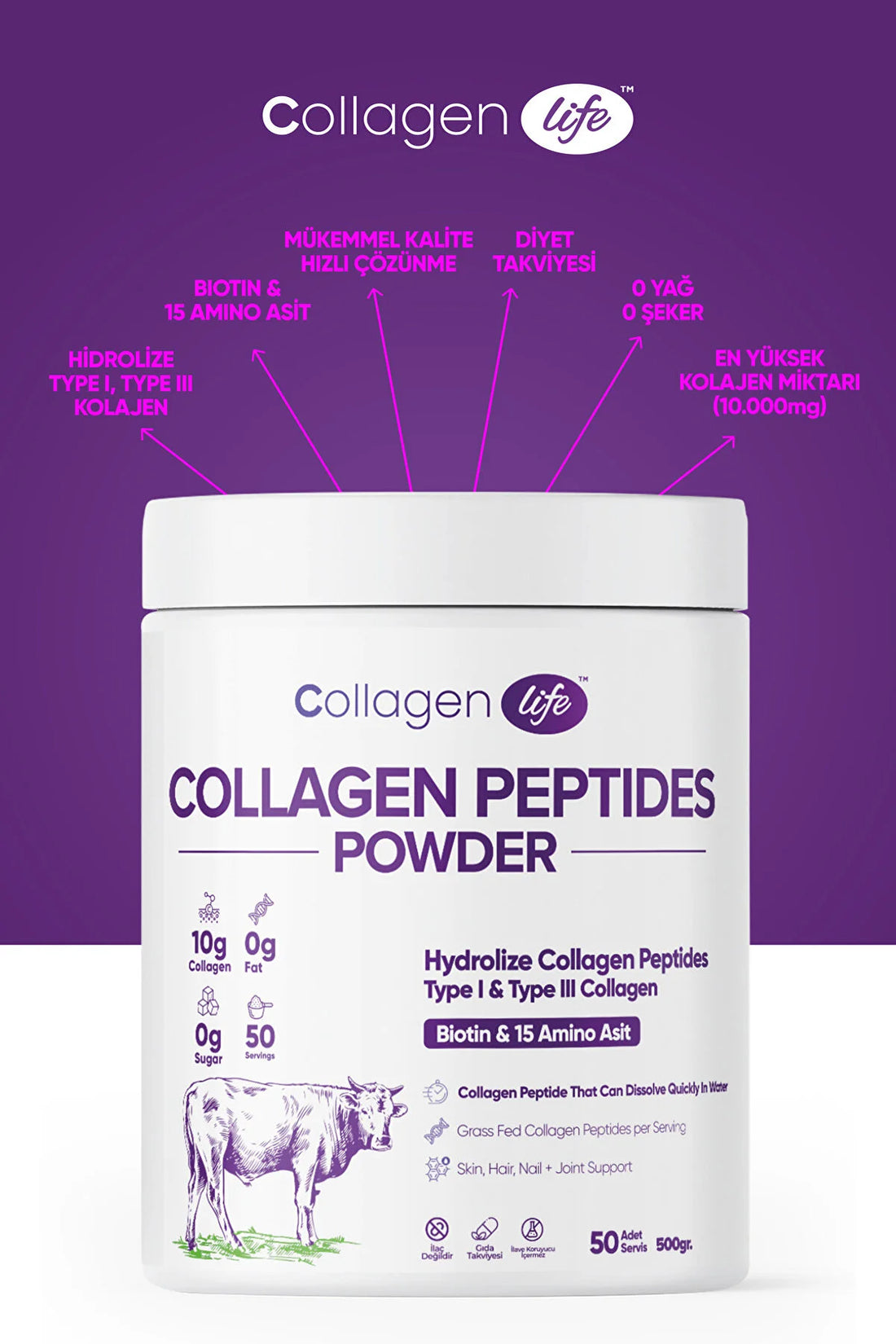 %100 Hidrolize Kolajen Peptitler Biotin Ve 15 Amino Asit İçeren Gıda Takviyesi 50 Günlük