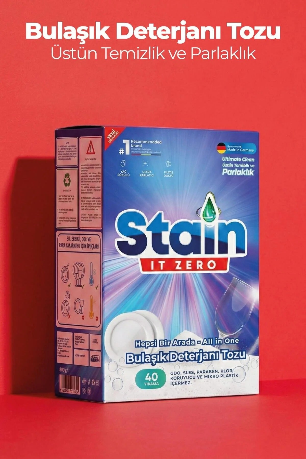 Stain İt Zero Hepsi Bir Arada Toz Bulaşık Makinesi Deterjanı 40 Yıkama