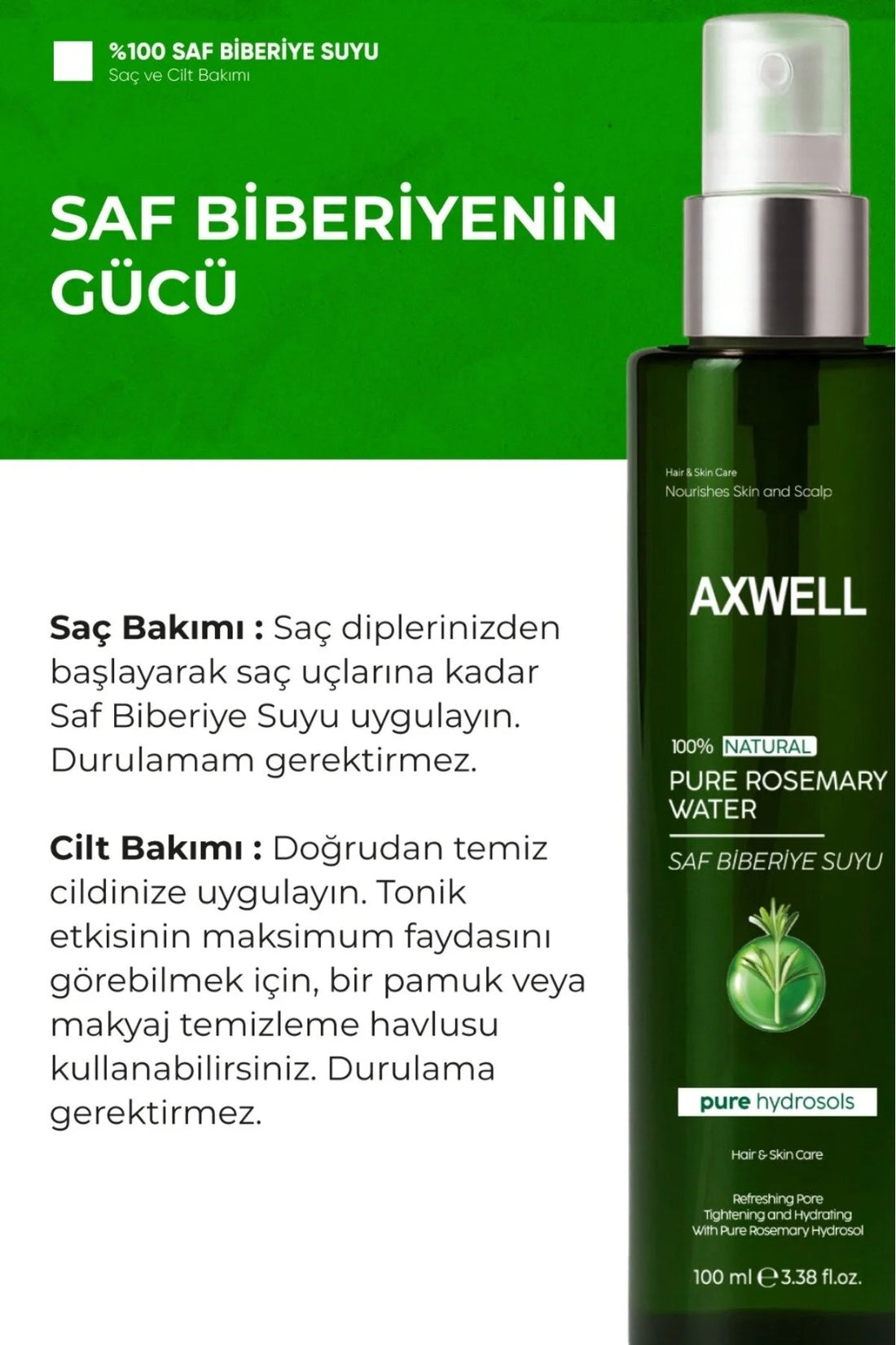 Biberiye Suyu Dökülme Karşıtı ve Saç Uzamasını Destekleyici Saç Toniği %100 Doğal ve Saf 100 ml