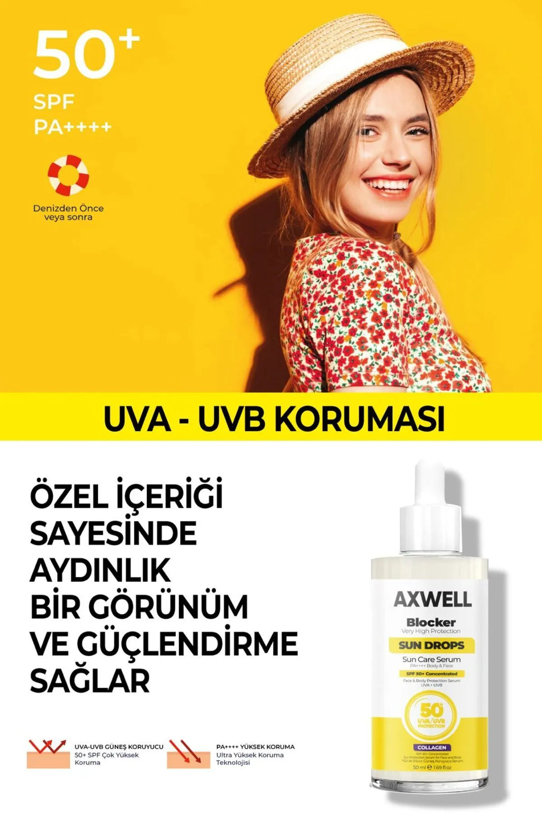 Axwell Bloker 50 SPF Güneş Kremi 50 ml, Cildi Nemlendirir, Suya Dayanıklıdır