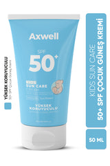 AXWELL SPF 50+ Yüksek Koruma Yüz Vücut Çocuk Güneş Koruyucu Suya Dayanıklı Tüm Ciltler İçin 50m