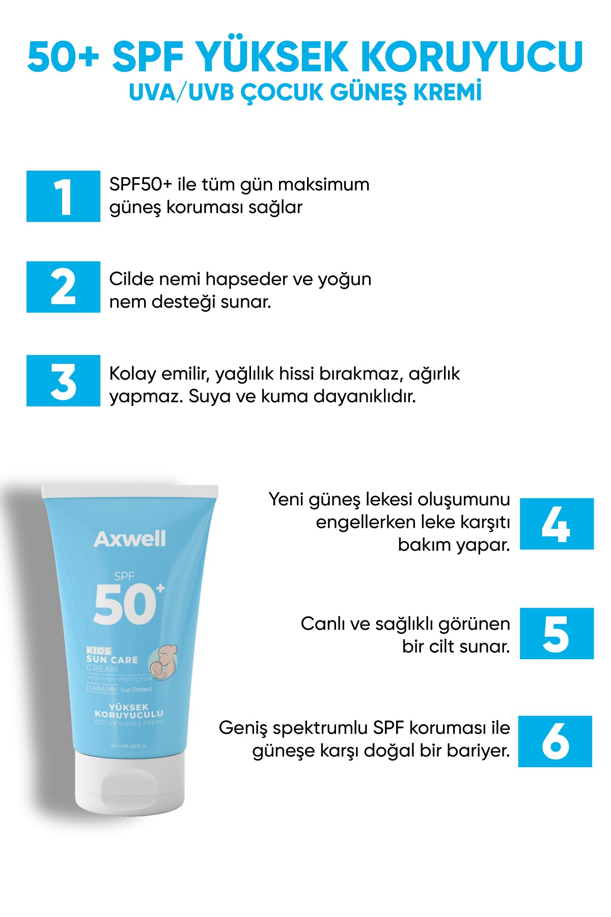 AXWELL SPF 50+ Yüksek Koruma Yüz Vücut Çocuk Güneş Koruyucu Suya Dayanıklı Tüm Ciltler İçin 50m