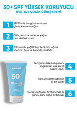 AXWELL SPF 50+ Yüksek Koruma Yüz Vücut Çocuk Güneş Koruyucu Suya Dayanıklı Tüm Ciltler İçin 50m