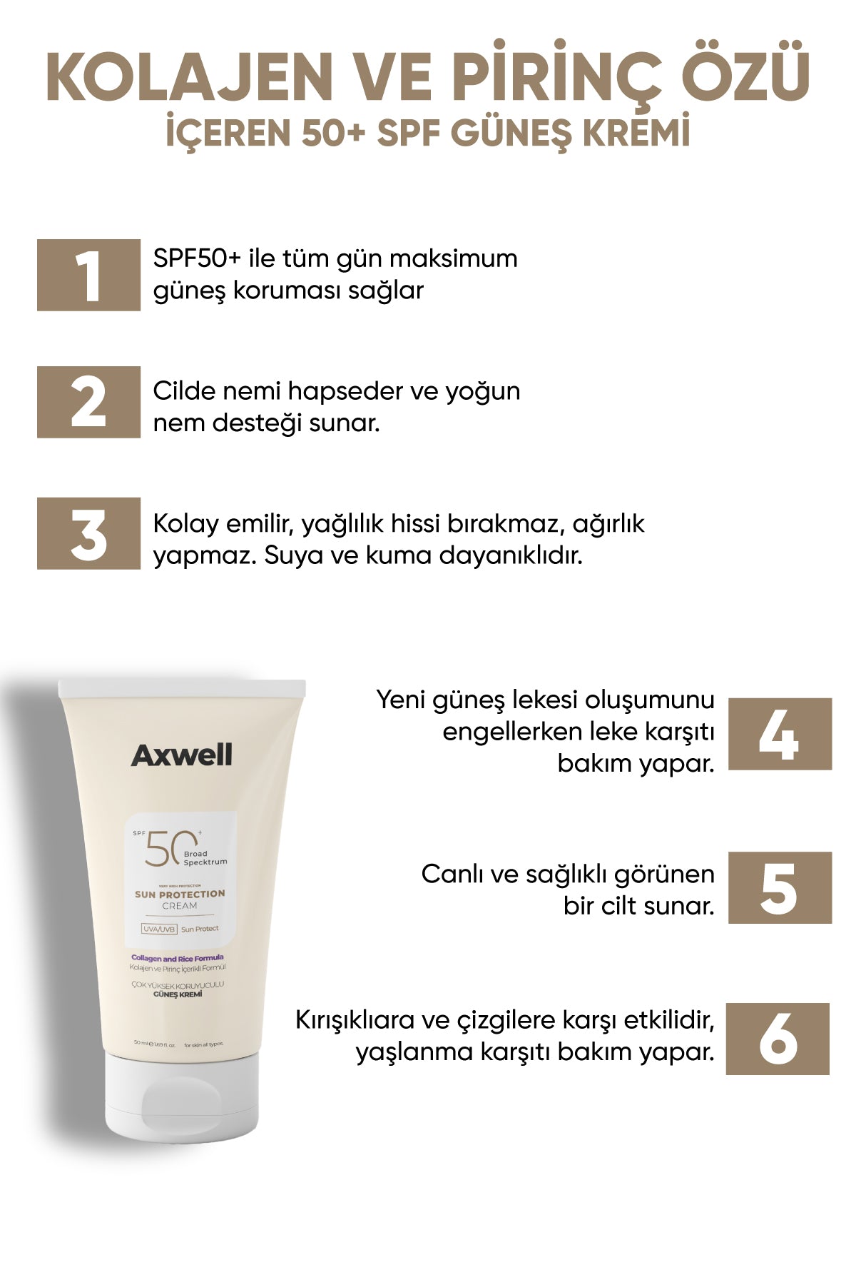 AXWELL Kolajen & Rice Sunscreen Spf50+ Pirinç & Kolajen İçerikli Formül Güneş Kremi 50 ML