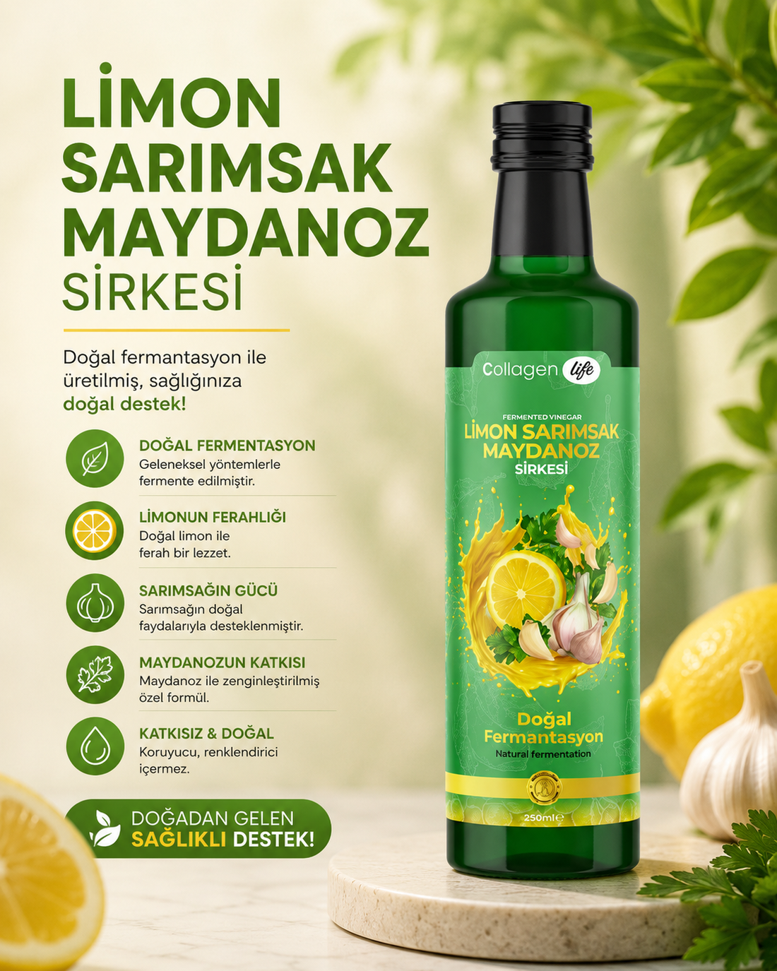 Limon Sarımsak Maydanoz Sirkesi Doğal Fermantasyon Lemon Garlic Parsley Vinegar 500 Ml