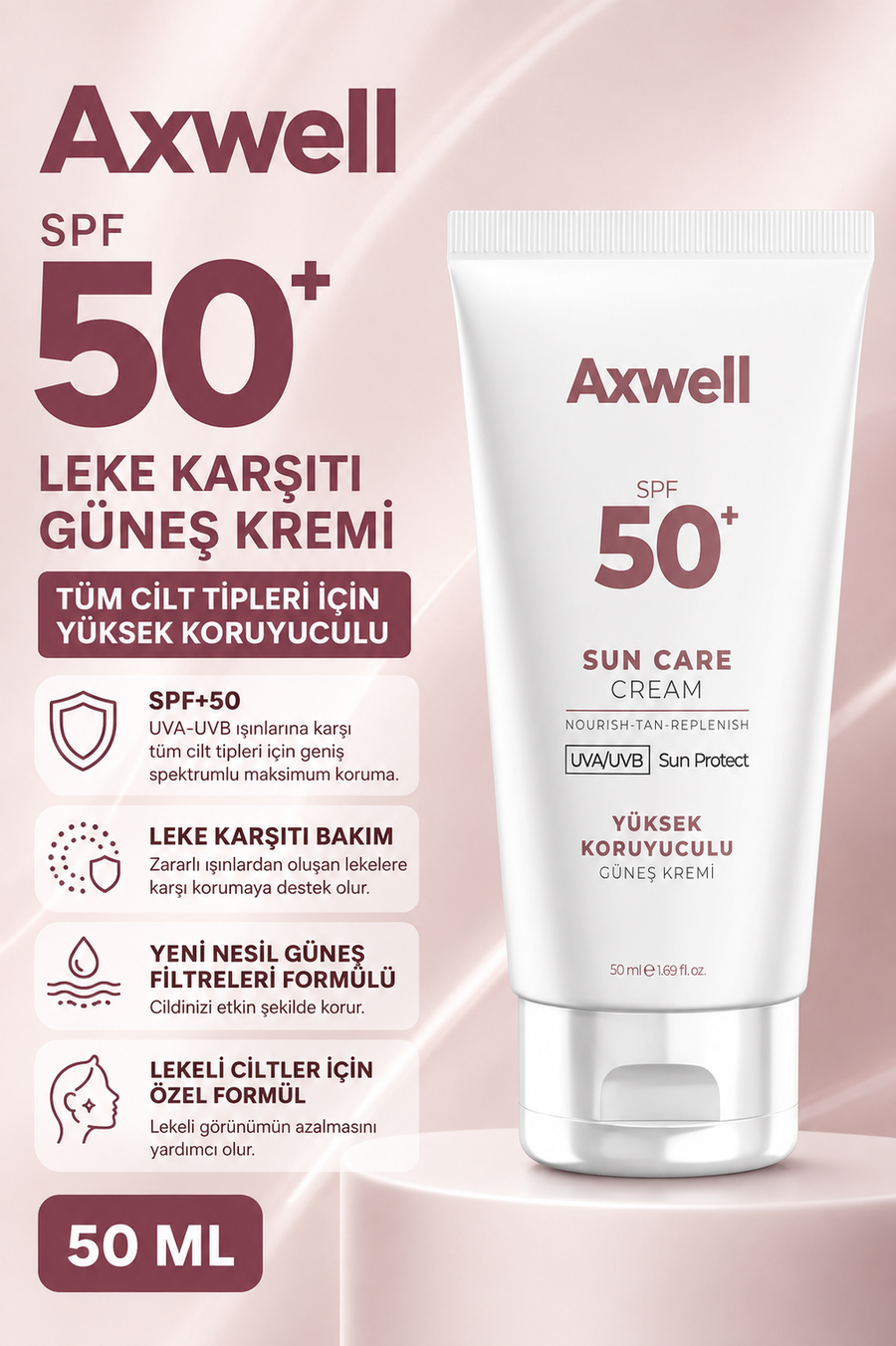 SPF+50 Leke Karşıtı Tüm Cilt Tipleri İçin Yüksek Koruyuculu Güneş Kremi 50 ML