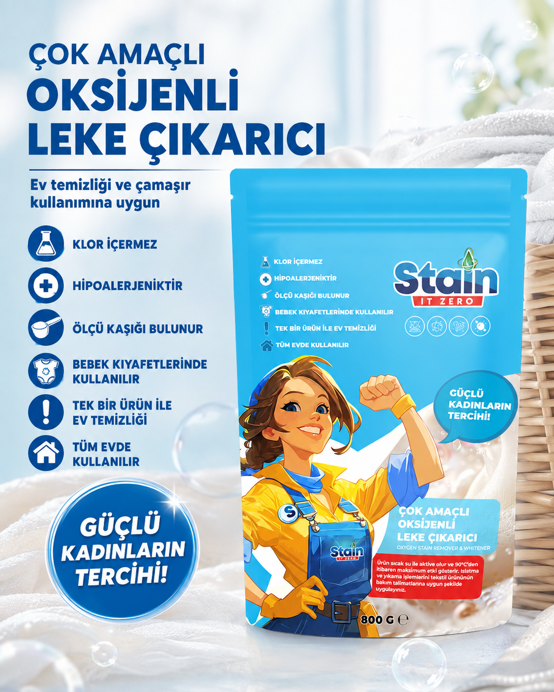 Stain İt Zero Çamaşır & Yüzey İçin Çok Amaçlı Aktif Oksijenli Toz Leke Çıkarıcı ve Beyazlatıcı - 800 gr