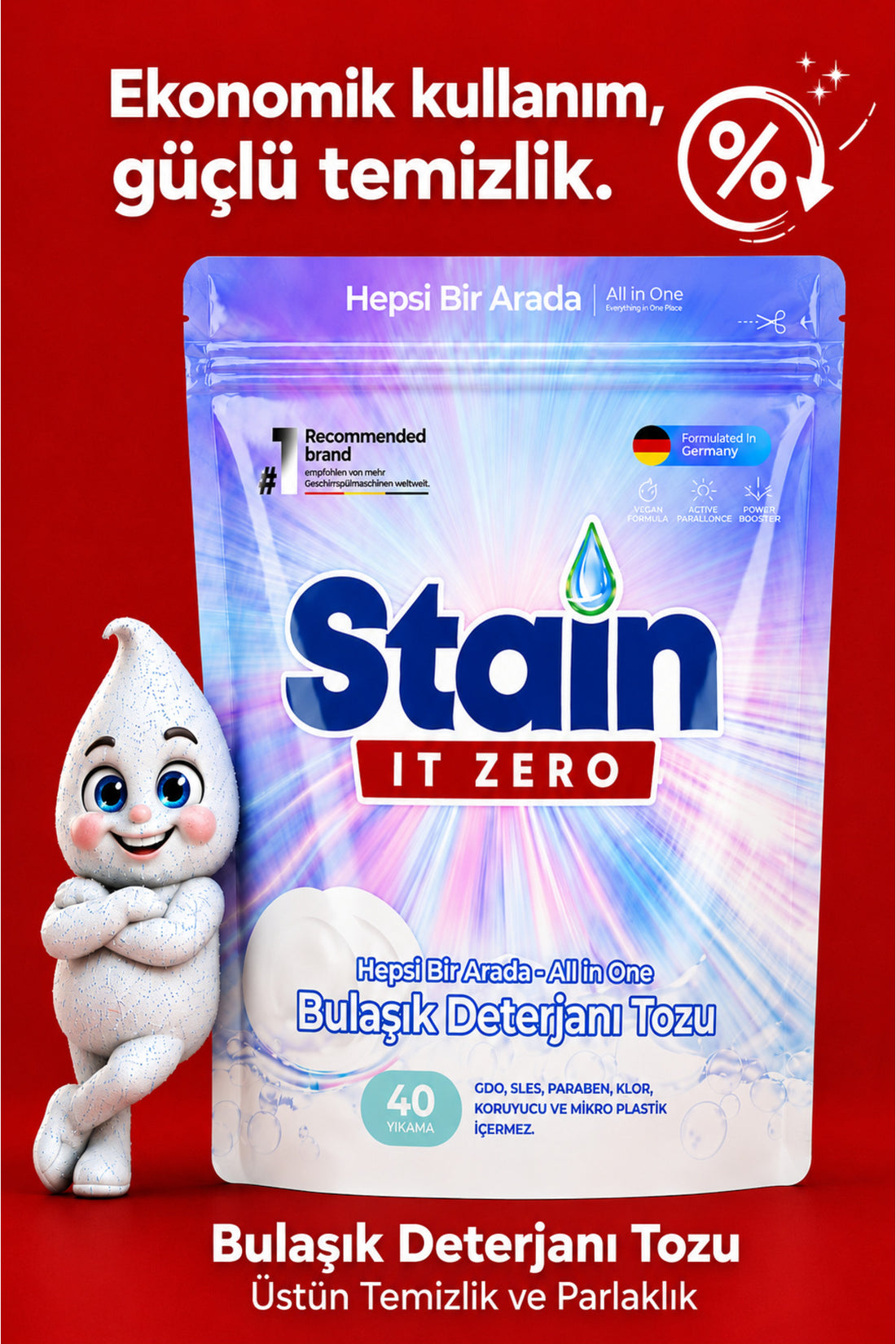 Stain İt Zero Hepsi Bir Arada Toz Bulaşık Makinesi Deterjanı 40 Yıkama