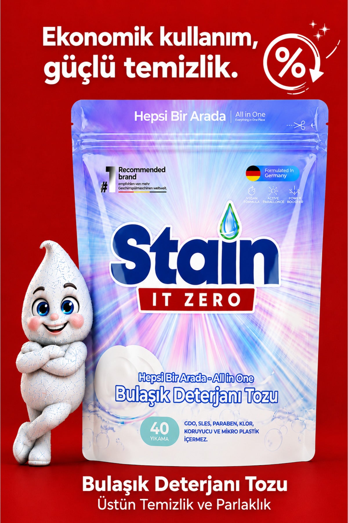 Stain İt Zero Hepsi Bir Arada Toz Bulaşık Makinesi Deterjanı 40 Yıkama