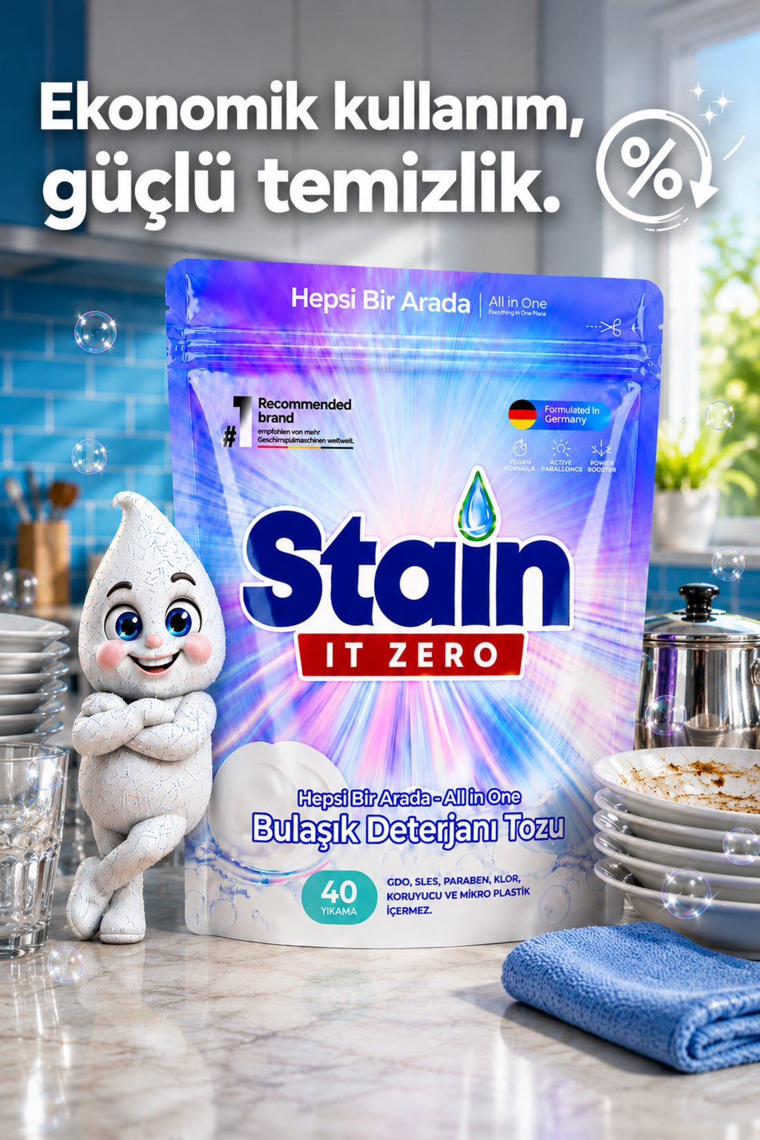 Stain İt Zero Hepsi Bir Arada Toz Bulaşık Makinesi Deterjanı 40 Yıkama