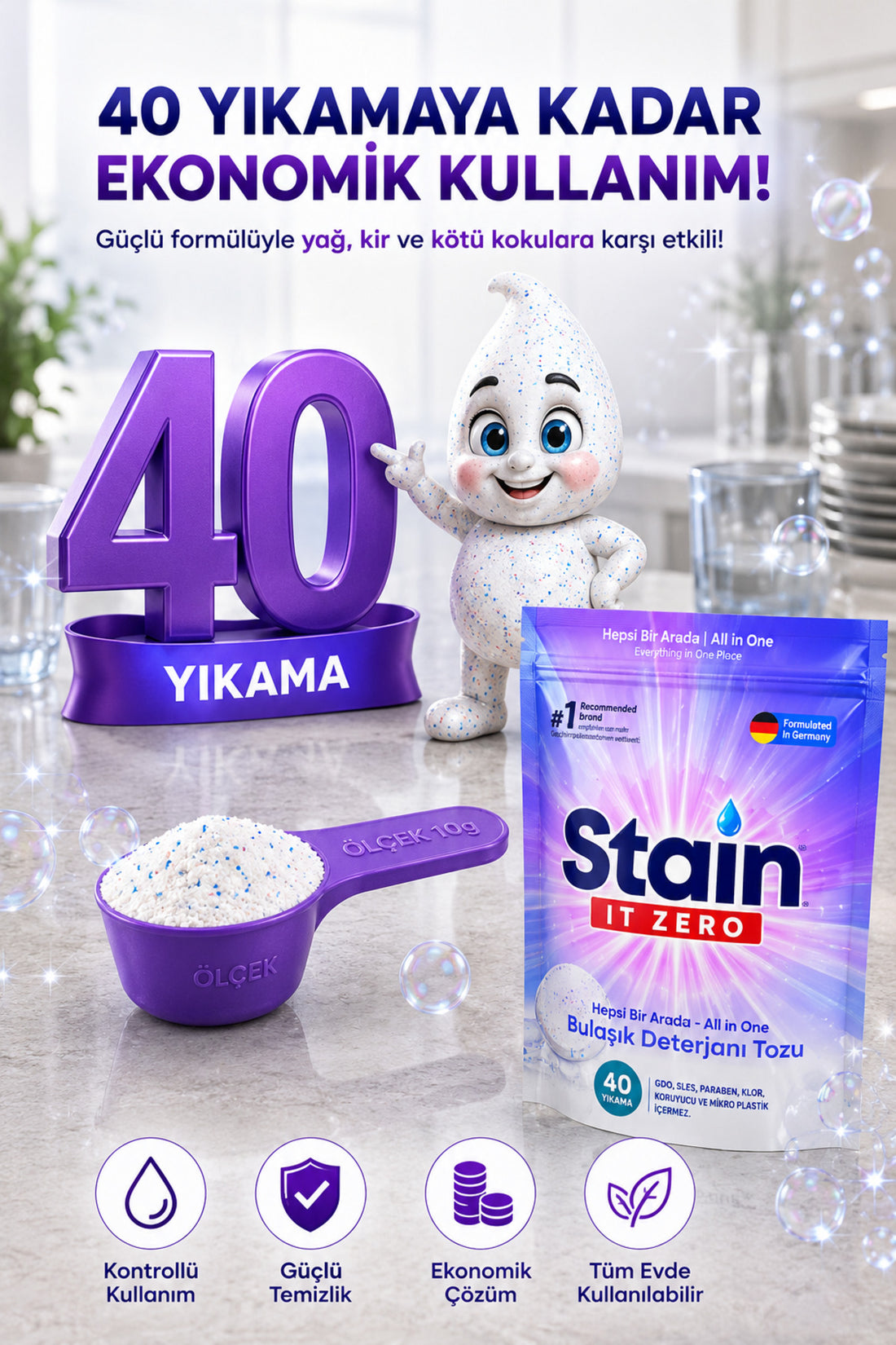 Stain İt Zero Hepsi Bir Arada Toz Bulaşık Makinesi Deterjanı 40 Yıkama