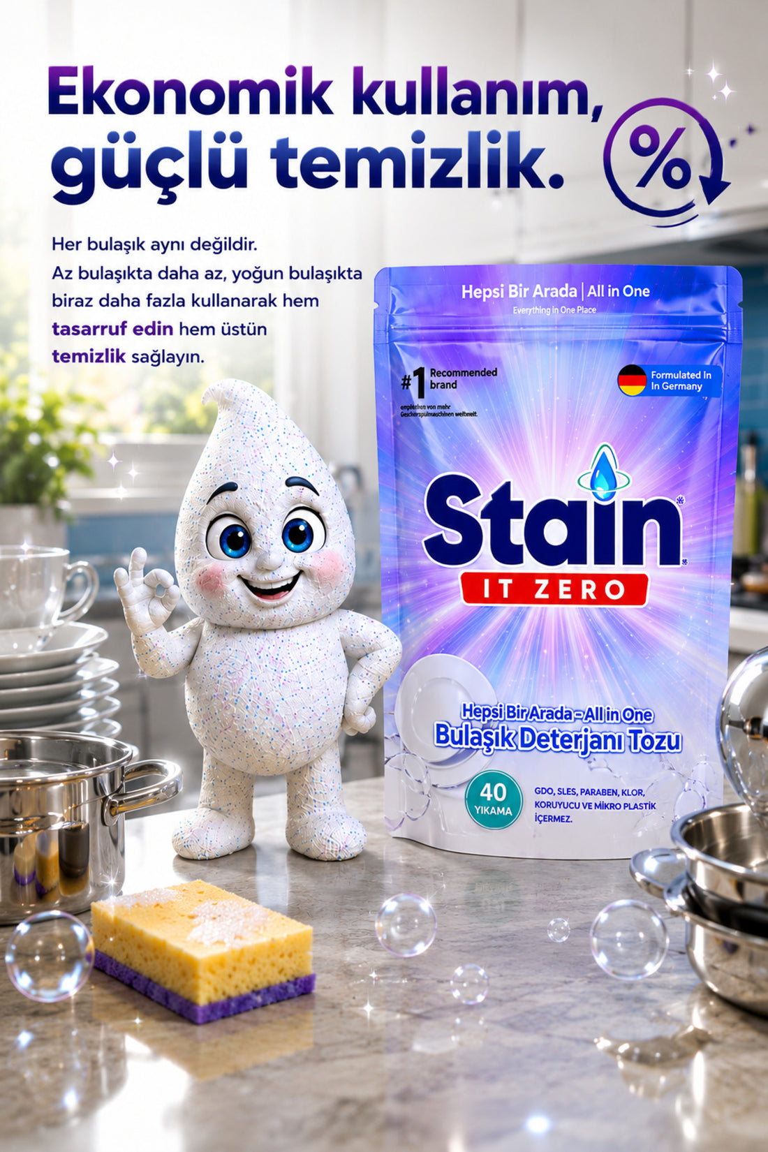 Stain İt Zero Hepsi Bir Arada Toz Bulaşık Makinesi Deterjanı 40 Yıkama