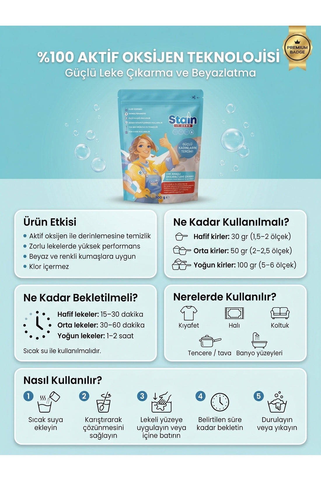 Stain İt Zero Çamaşır & Yüzey İçin Çok Amaçlı Aktif Oksijenli Toz Leke Çıkarıcı ve Beyazlatıcı - 800 gr