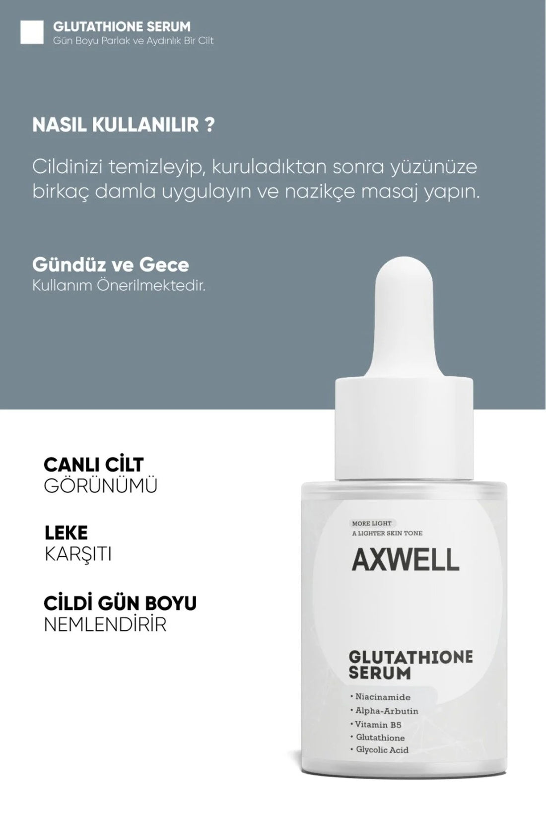 Axwell Glutatyon Serum 30 ml, Cilt Aydınlatıcı, Nemlendirici Etkili, Hassas Ciltlere Uygun