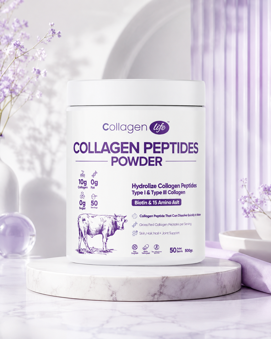 %100 Hidrolize Kolajen Peptitler Biotin Ve 15 Amino Asit İçeren Gıda Takviyesi 50 Günlük