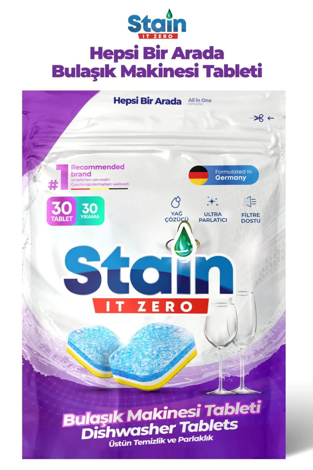 Stain İt Zero Hepsi Bir Arada Bulaşık Makinesi Tableti & Güçlü Temizlik Üstün Parlaklık- 30 Yıkama